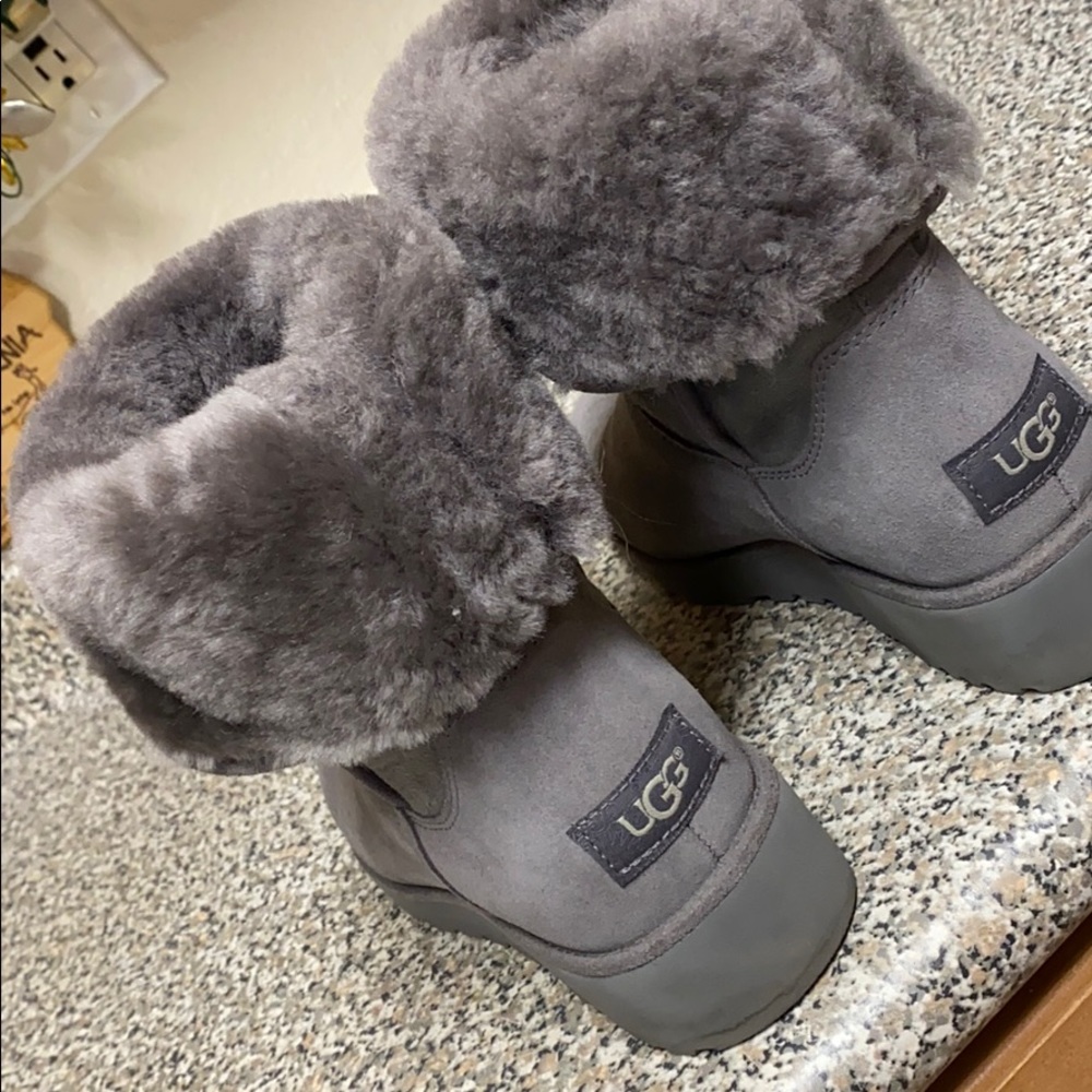 Ugg boots, charcoal grey, slightly heeled.